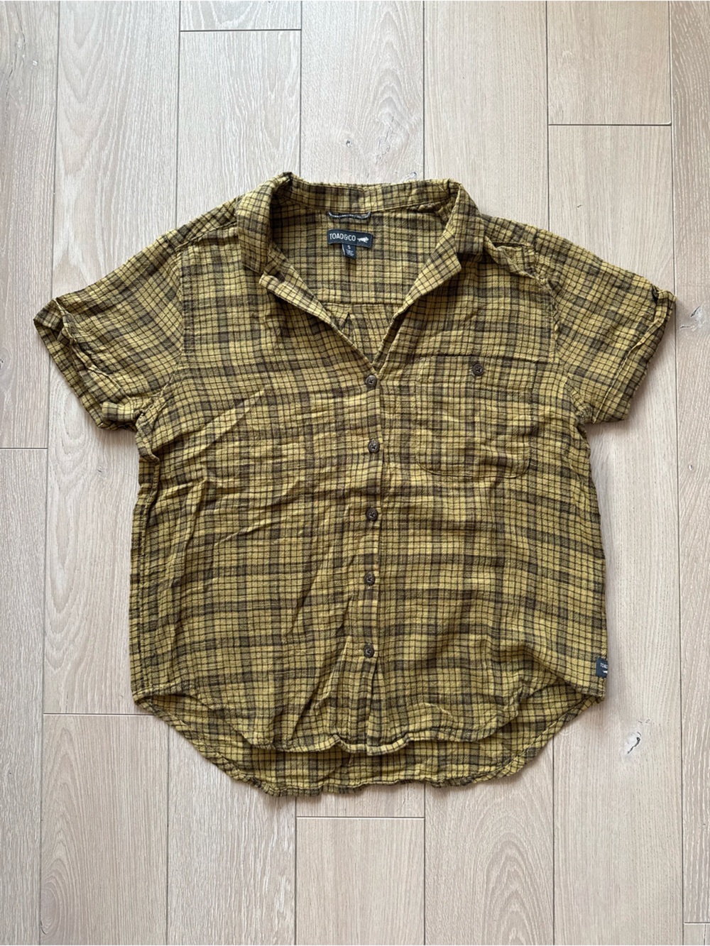Toad&Co Organic Cotton Camp Collar Plaid Button Up Shirt in Yellow & Brown S
